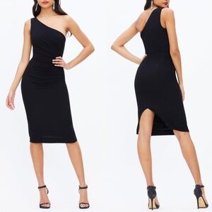 NEW DRESS THE POPULATION Black MARTINE Stretch Crepe ONE SHOULDER Midi DRESS S